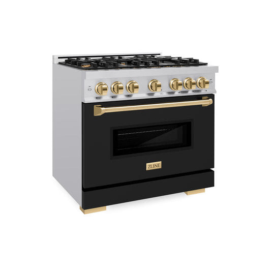 ZLINE 36 in. Dual Fuel Range 5.2 cu. ft. 6 Burner Gas Cooktop Electric Convection Oven Stainless Steel Black Matte Door Polished Gold Accents (CDRZ-BLM-36-G)