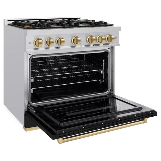 ZLINE 36 in. Classic Gas Range 5.2 cu. ft. 6 Burners Stainless Steel with Black Matte Door and Champagne Bronze Accents (CGRZ-BLM-36-CB)