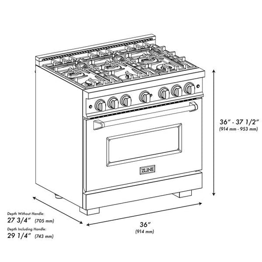 ZLINE 36 in. Classic Gas Range 5.2 cu. ft. 6 Burners Stainless Steel Black Matte Door Polished Gold Accents, MODEL CGRZ-BLM-36-G