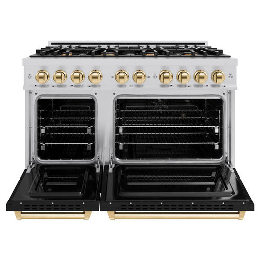 ZLINE 48 in. Dual Fuel Range 6.7 cu. ft. Double Oven 8 Burner Cooktop Stainless Steel with Black Matte Doors and Polished Gold Accents (CDRZ-BLM-48-G)