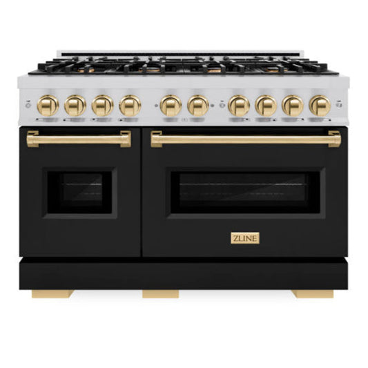 ZLINE 48 in. Double Oven Gas Range 6.7 cu. ft. 8 Burner Cooktop Stainless Steel with Black Matte Doors and Polished Gold Accents (CGRZ-BLM-48-G)