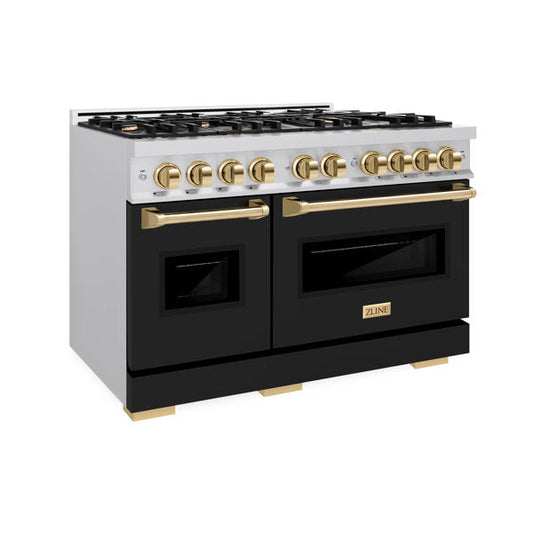 ZLINE 48 in. Double Oven Gas Range 6.7 cu. ft. 8 Burner Cooktop Stainless Steel with Black Matte Doors and Polished Gold Accents (CGRZ-BLM-48-G)