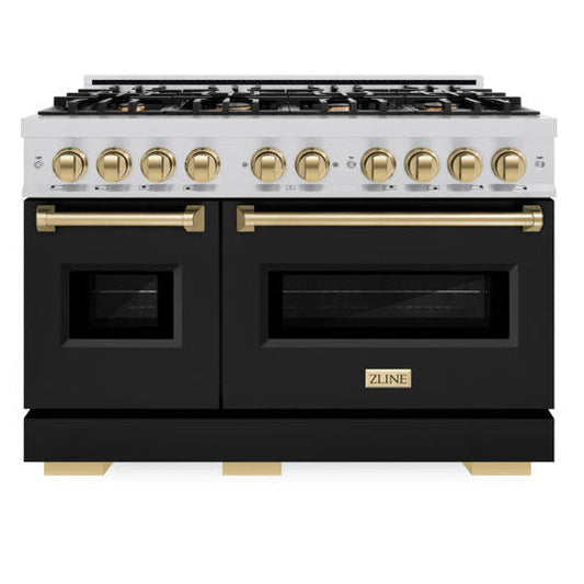 ZLINE 48 in. Gas Range Double Oven 6.7 cu. ft. 8 Burners Stainless Steel Black Matte Doors Champagne Bronze Accents (CGRZ-BLM-48-CB)