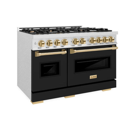 ZLINE 48 in. Double Oven Gas Range 6.7 cu. ft. 8 Burners Satin Stainless Steel Black Matte Doors Polished Gold Accents (CGRSZ-BLM-48-G)