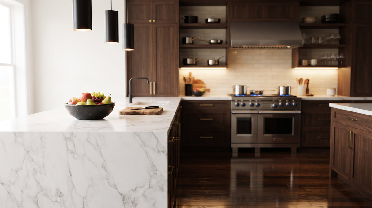 A warm kitchen with walnut cabinetry, a marble island and a stainless steel range