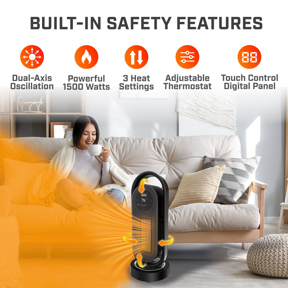 1500W Ceramic Tower Heater with Dual-Axis Oscillation, Remote and Timer - reference gallery 4