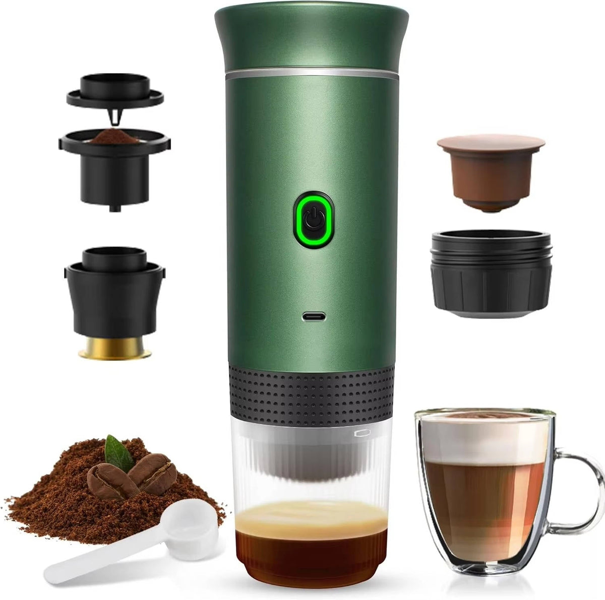 Portable Coffee Maker for Grounds & Capsules, USB-C Charging