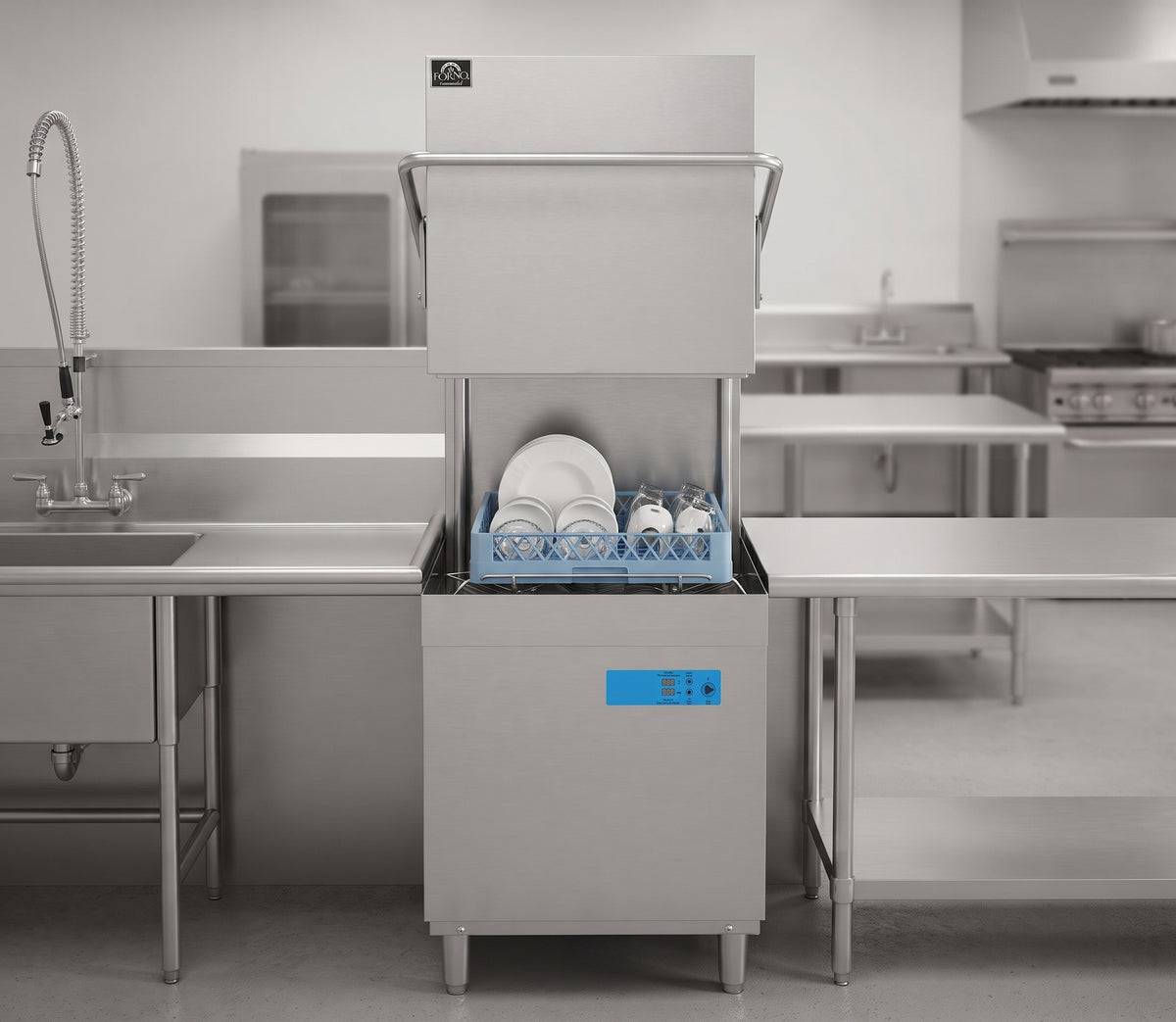 Stainless steel FORNO commercial dishwasher with a rack of dishes in a professional kitchen.