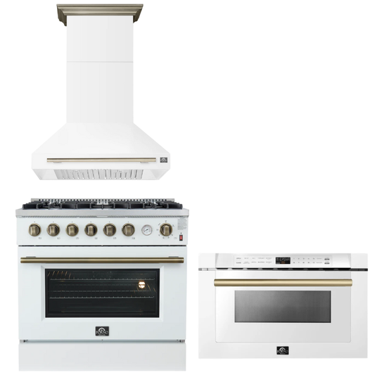 FORNO Appliance Package - 36" Gas Range, Range Hood, Microwave in White with Antique Brass Accents
