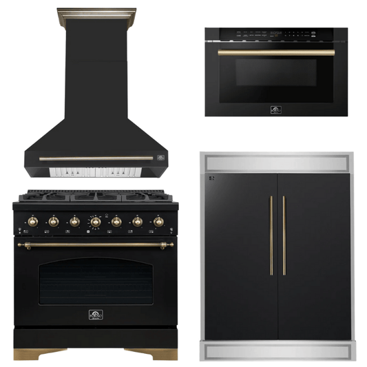 FORNO Espresso Package - 36" Gas Range, Range Hood, 60" Refrigerator, Microwave in Black with Antique Brass Accents