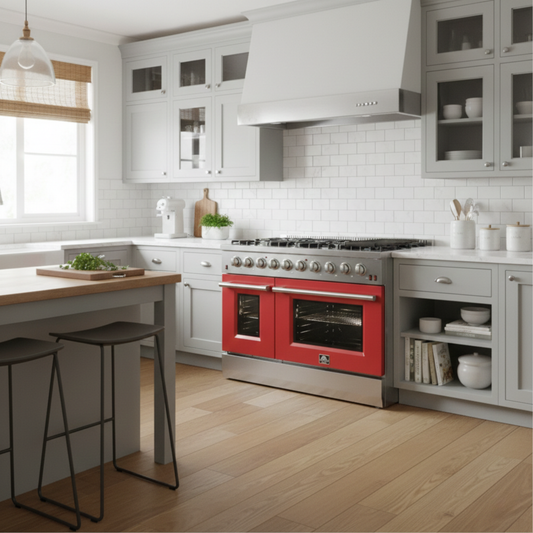 Forno Galiano 48-Inch Gas Range, 8 Sealed Brass Burners, 6.58 cu. ft. Double Oven, Red Stainless Steel, Model FFSGS6244-48RED