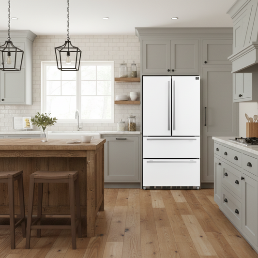 Forno Espresso Moena 36 in Counter-Depth French Door Refrigerator, 19.2 cu ft, White, with Ice Maker and Stainless Steel Handles (FFRBI1820-36WHT)