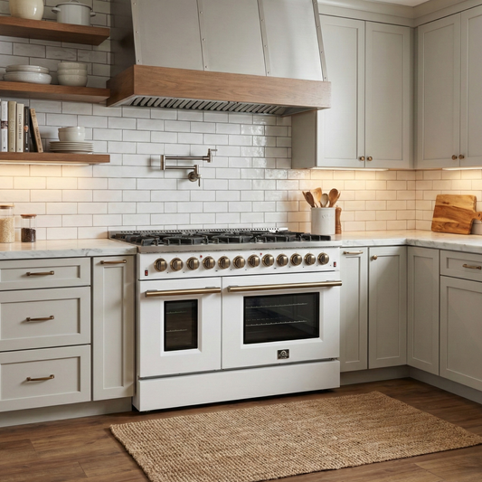Forno Galiano 48-Inch Freestanding Dual Fuel Range with Gas Cooktop, Electric Oven, 6.58 cu. ft., 8 Sealed Burners and Griddle, White (Model FFSGS6156-48WHT)