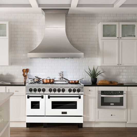 ZLINE Autograph 48 in. 6.0 cu. ft. Legacy Dual Fuel Range with 7 Gas Burners and Double Electric Ovens in Satin Stainless Steel with White Matte Doors and Matte Black Accents (RASZ-WM-48-MB)