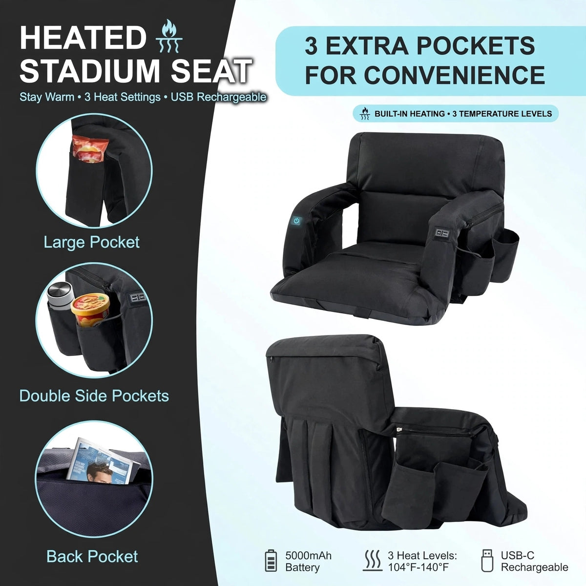 USB Heated Stadium Seat with Backrest, 3 Heat Levels and Carry Straps - reference gallery 6