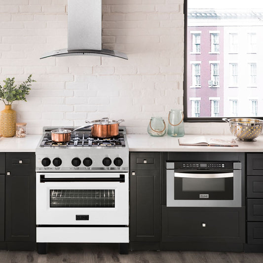 ZLINE Autograph Edition 30 in. 4.0 cu. ft. Legacy Dual Fuel Range with 4-Burner Gas Cooktop and Electric Convection Oven in Satin Stainless Steel with White Matte Door and Matte Black Accents (RASZ-WM-30-MB)