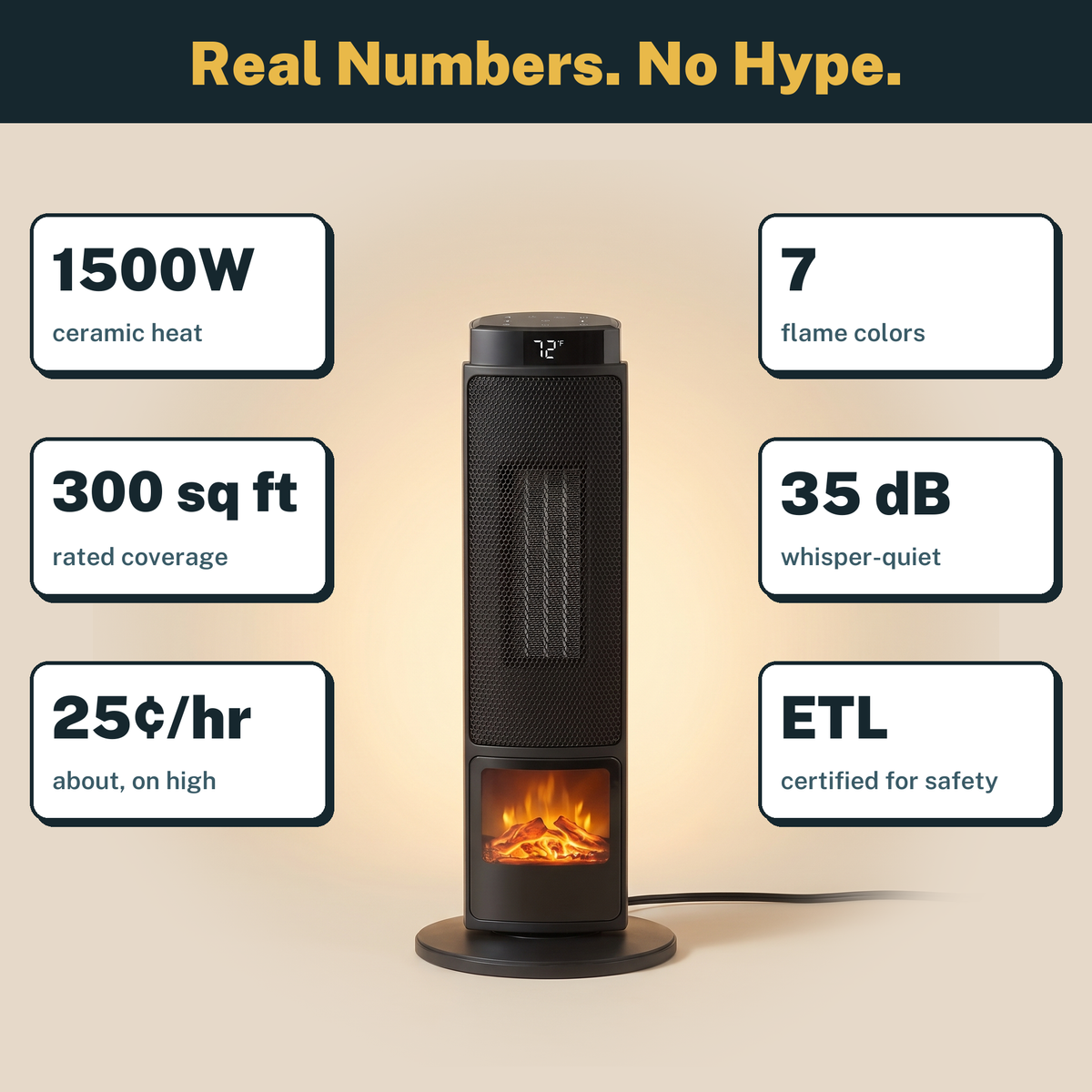 1500W Ceramic Tower Heater with 7-Color Flame Effect, Remote and Timer - reference gallery 3