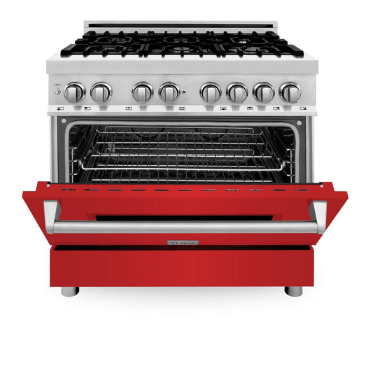 ZLINE 36 in. Dual Fuel Range with 6-Burner Gas Cooktop and Electric Convection Oven in Stainless Steel with Red Matte Door (RA-RM-36)