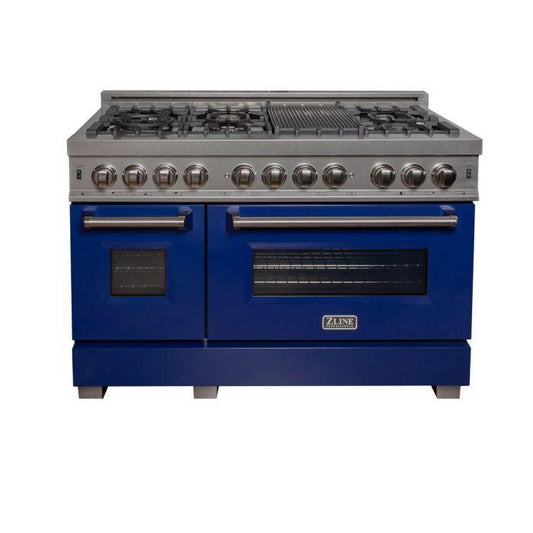 ZLINE 48 in. 6.0 cu. ft. Legacy Dual Fuel Range with 7 Burner Gas Cooktop and Double Electric Ovens in Satin Stainless Steel with Blue Gloss Doors (RAS-BG-48)