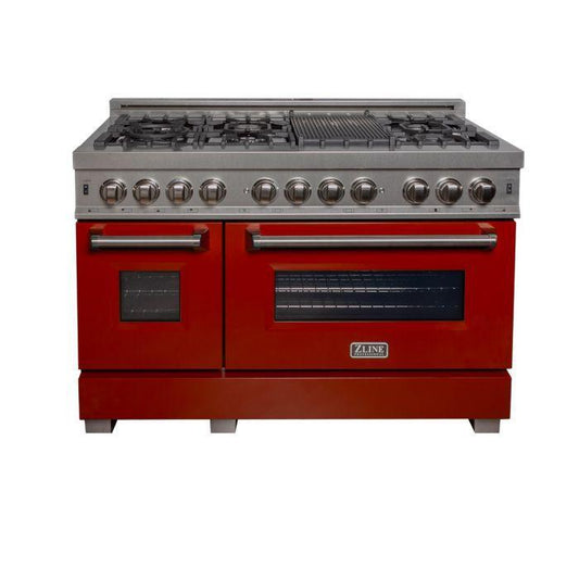 ZLINE 48 in. Legacy Dual Fuel Range, 6.0 cu. ft., 7 Burner Gas Cooktop, Double Electric Ovens, Satin Stainless Steel with Red Gloss Doors (RAS-RG-48)