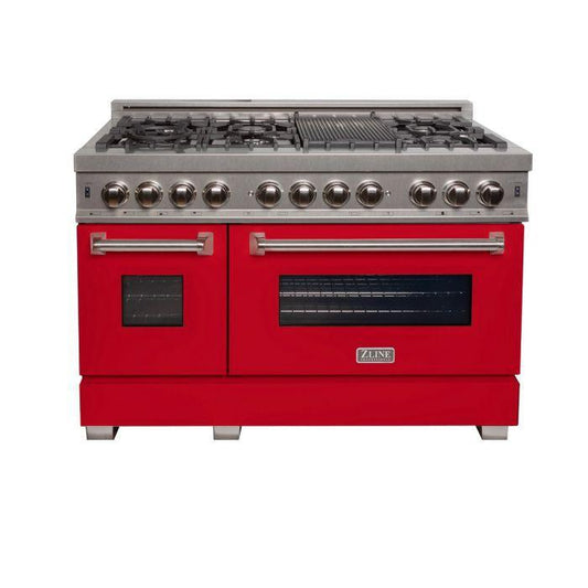 ZLINE 48 in. Legacy Dual Fuel Range, 6.0 cu. ft., 7 Burner Gas Cooktop, Double Electric Ovens, Satin Stainless Steel with Red Matte Doors (RAS-RM-48)