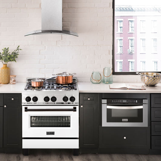 ZLINE Autograph 30 in. Dual Fuel Range 4.0 cu. ft. Gas Cooktop with Electric Convection Oven, White Matte Door and Black Matte Accents (RAZ-WM-30-MB)