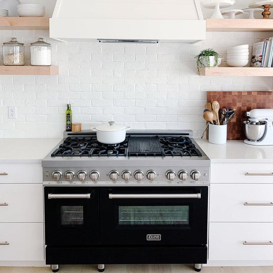 ZLINE 48-Inch Professional Gas Range with Electric Oven, 7 Burners, 6.0 cu. ft., Stainless Steel with Matte Black Accents (Model RA-BLM-48)
