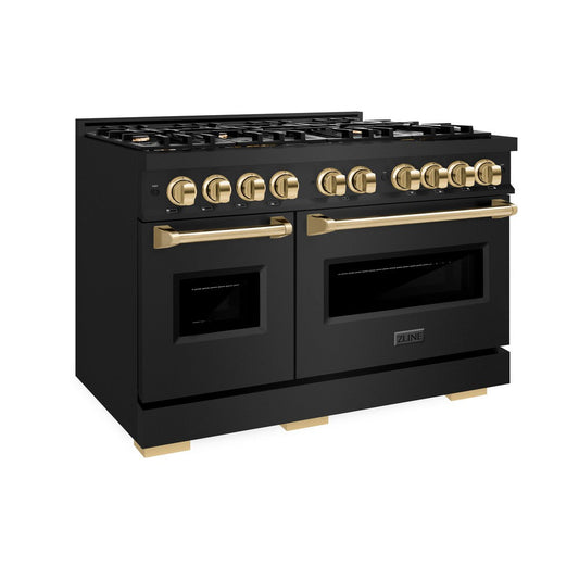 ZLINE 48 in. Dual Fuel Range Double Oven 6.7 cu. ft. Capacity 8 Burners Black Stainless Steel with Polished Gold Accents (CDRBZ-48-G)