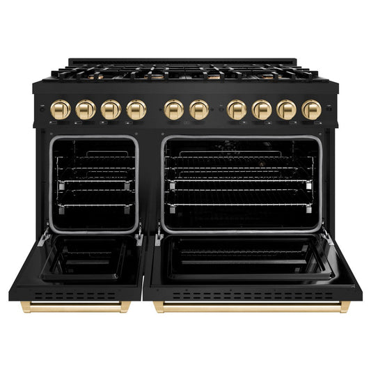 ZLINE 48 in. Gas Range Double Oven 6.7 cu. ft. Capacity 8 Burners Black Stainless Steel Polished Gold Accents (CGRBZ-48-G)