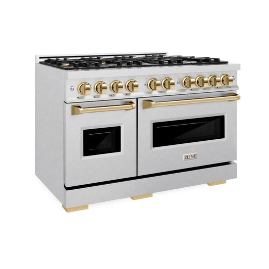 ZLINE 48 in. Dual Fuel Range 6.7 cu. ft. Double Oven with 8 Burner Gas Cooktop, Satin Stainless Steel with Polished Gold Accents (CDRSZ-48-G)