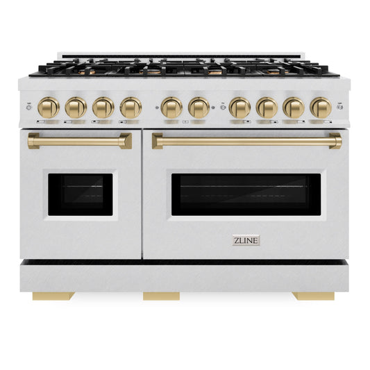 ZLINE 48 in. Double Oven Gas Range with 8 Burner Cooktop – 6.7 cu. ft. – Satin Stainless Steel with Champagne Bronze Accents (CGRSZ-48-CB)