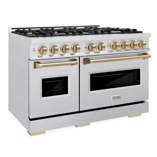 ZLINE 48 in. Double Oven Gas Range with 8 Burner Cooktop – 6.7 cu. ft. – Satin Stainless Steel with Champagne Bronze Accents (CGRSZ-48-CB)