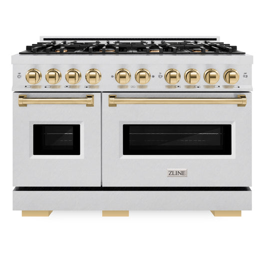 ZLINE 48 in. Gas Range Double Oven 6.7 cu. ft. 8 Brass Burners Satin Stainless Steel Polished Gold Accents (CGRSZ-48-G)