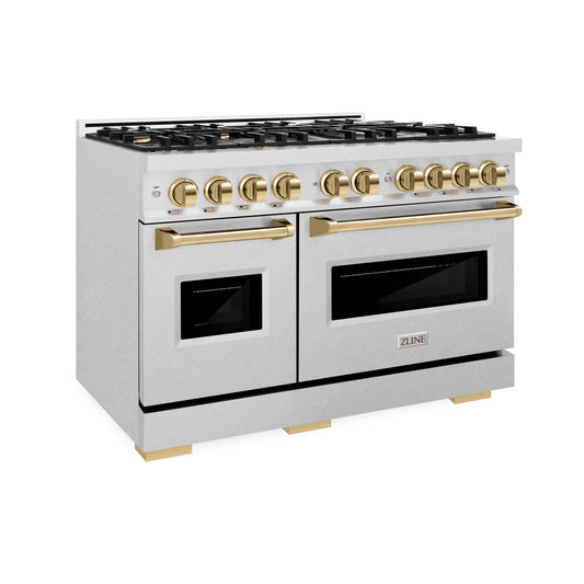 ZLINE 48 in. Gas Range Double Oven 6.7 cu. ft. 8 Brass Burners Satin Stainless Steel Polished Gold Accents (CGRSZ-48-G)