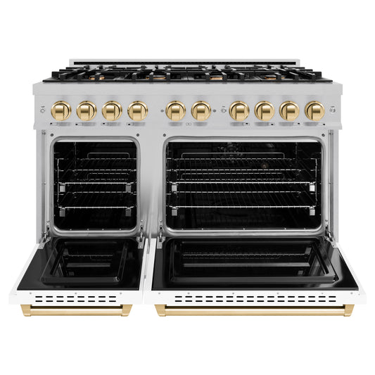 ZLINE 48 in. Dual Fuel Range 6.7 cu. ft. Double Oven with 8 Burner Gas Cooktop, Satin Stainless Steel, White Matte Doors, Polished Gold Accents (CDRSZ-WM-48-G)