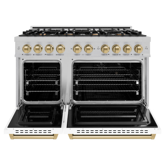 ZLINE 48 in. Double Oven Gas Range 6.7 cu. ft. 8 Burner Cooktop Satin Stainless Steel White Matte Doors Champagne Bronze Accents (CGRSZ-WM-48-CB)