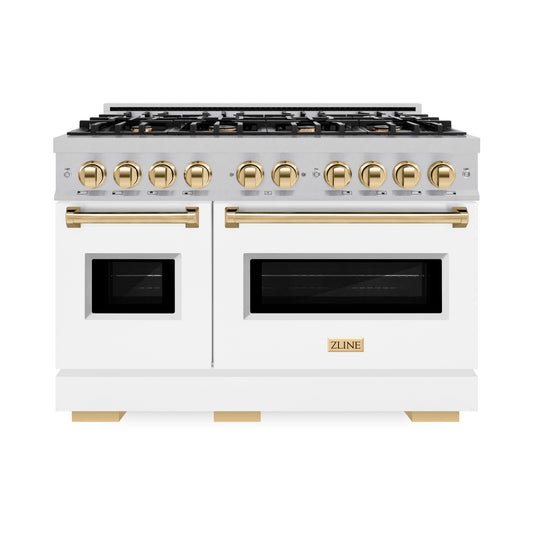ZLINE Autograph Edition 48 in. 6.7 cu. ft. Classic Double Oven Gas Range with 8 Burner Gas Cooktop in Satin Stainless Steel with White Matte Doors and Polished Gold Accents (CGRSZ-WM-48-G)