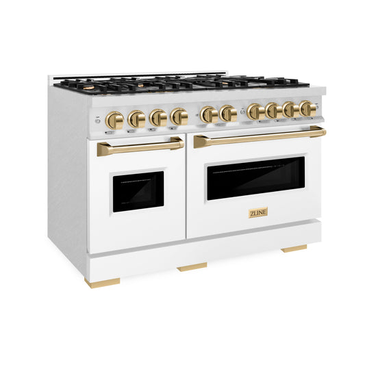 ZLINE Autograph Edition 48 in. 6.7 cu. ft. Classic Double Oven Gas Range with 8 Burner Gas Cooktop in Satin Stainless Steel with White Matte Doors and Polished Gold Accents (CGRSZ-WM-48-G)