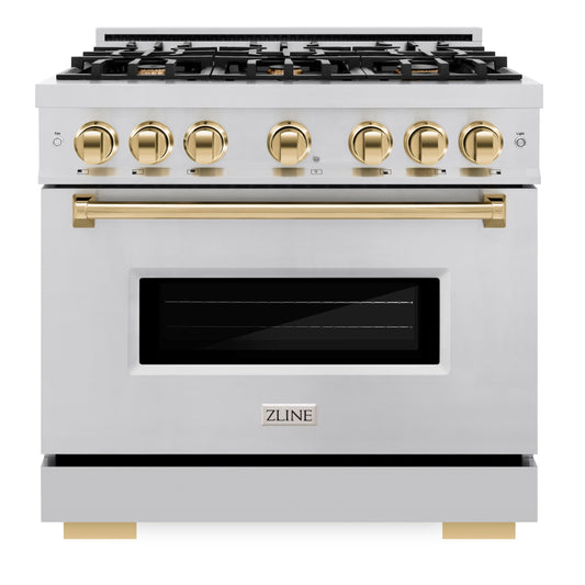 ZLINE Autograph Edition 36 in. 5.2 cu. ft. Classic Dual Fuel Range with 6 Burner Gas Cooktop and Electric Convection Oven in Stainless Steel with Polished Gold Accents (CDRZ-36-G)