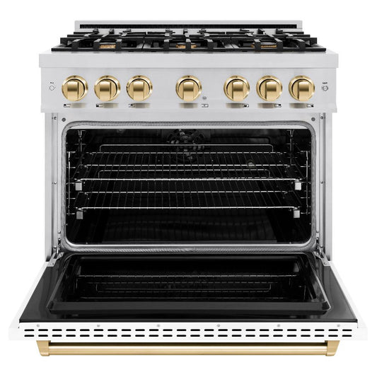 ZLINE Autograph Edition 36 in. 5.2 cu. ft. Classic Dual Fuel Range with 6 Gas Burners, Electric Convection Oven, Stainless Steel with White Matte Door and Polished Gold Accents (CDRZ-WM-36-G)