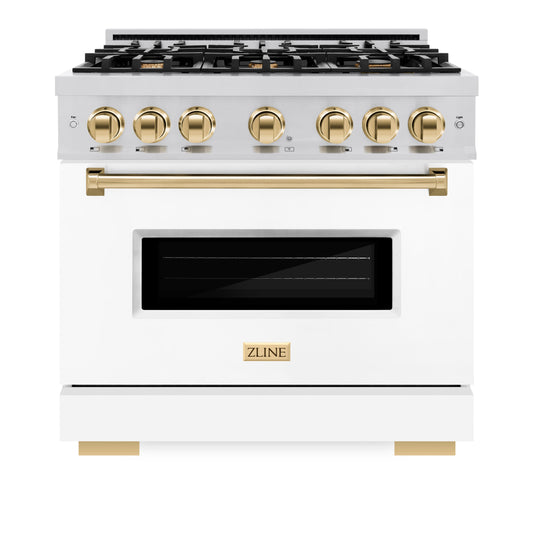 ZLINE Autograph Edition 36 in. 5.2 cu. ft. Classic Dual Fuel Range with 6 Gas Burners, Electric Convection Oven, Stainless Steel with White Matte Door and Polished Gold Accents (CDRZ-WM-36-G)