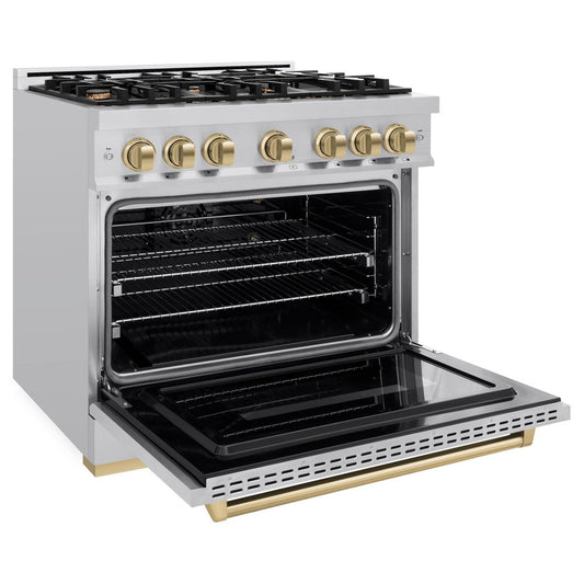 ZLINE 36 in. Gas Range 5.2 cu. ft. 6 Burners Stainless Steel Champagne Bronze Accents (CGRZ-36-CB)