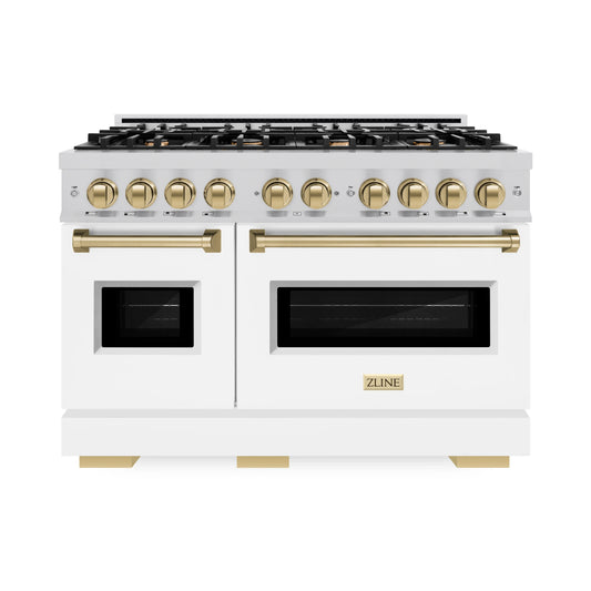 ZLINE Autograph Edition 48 in. Classic Double Oven Dual Fuel Range with 8 Burners, 6.7 cu. ft., Stainless Steel with White Matte Doors and Champagne Bronze Accents (CDRZ-WM-48-CB)