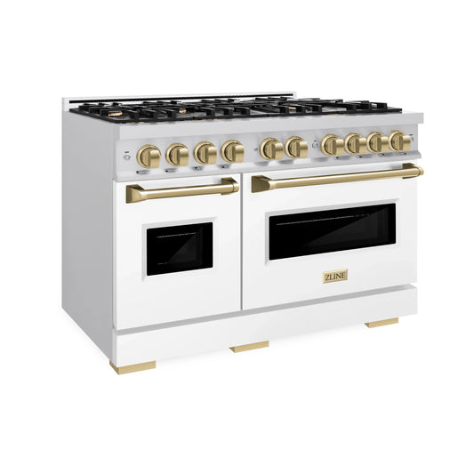 ZLINE Autograph Edition 48 in. Classic Double Oven Dual Fuel Range with 8 Burners, 6.7 cu. ft., Stainless Steel with White Matte Doors and Champagne Bronze Accents (CDRZ-WM-48-CB)
