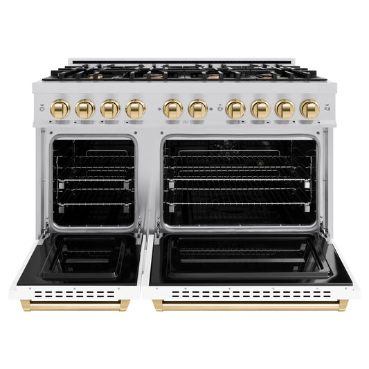 ZLINE Autograph Edition 48 in. Double Oven Dual Fuel Range with 8 Gas Burners, 6.7 cu. ft., Stainless Steel with White Matte Doors and Polished Gold Accents (CDRZ-WM-48-G)