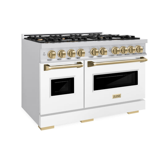 ZLINE 48 in. Classic Double Oven Gas Range 6.7 cu. ft. with 8 Burners, Stainless Steel, White Matte Doors & Champagne Bronze Accents (CGRZ-WM-48-CB)