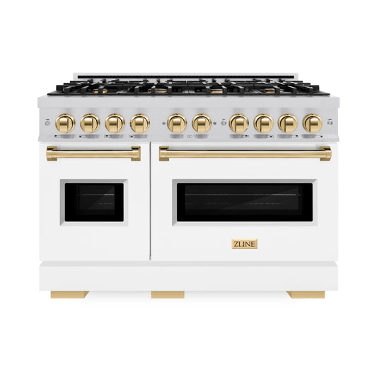 ZLINE 48 in. Classic Double Oven Gas Range 6.7 cu. ft. 8 Burners Stainless Steel White Matte Doors Polished Gold Accents (CGRZ-WM-48-G)