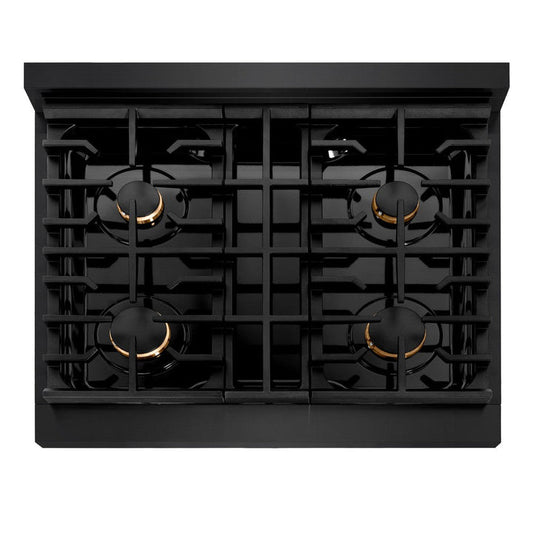 ZLINE Autograph Edition 30 in. Paramount Dual Fuel Range with 4 Gas Burners and Electric Convection Oven, 4.2 cu. ft., Black Stainless Steel with Champagne Bronze Accents (SDRBZ-30-CB)