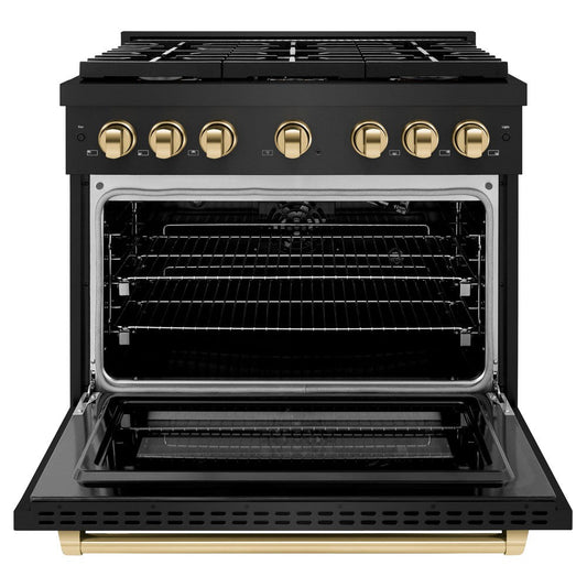 ZLINE Autograph Edition 36 in. Paramount Dual Fuel Range, 5.2 cu. ft. Oven, 6 Burner Gas Cooktop, Black Stainless Steel with Polished Gold Accents (SDRBZ-36-G)