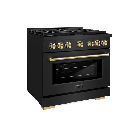 ZLINE Autograph Edition 36 in. Paramount Dual Fuel Range, 5.2 cu. ft. Oven, 6 Burner Gas Cooktop, Black Stainless Steel with Polished Gold Accents (SDRBZ-36-G)